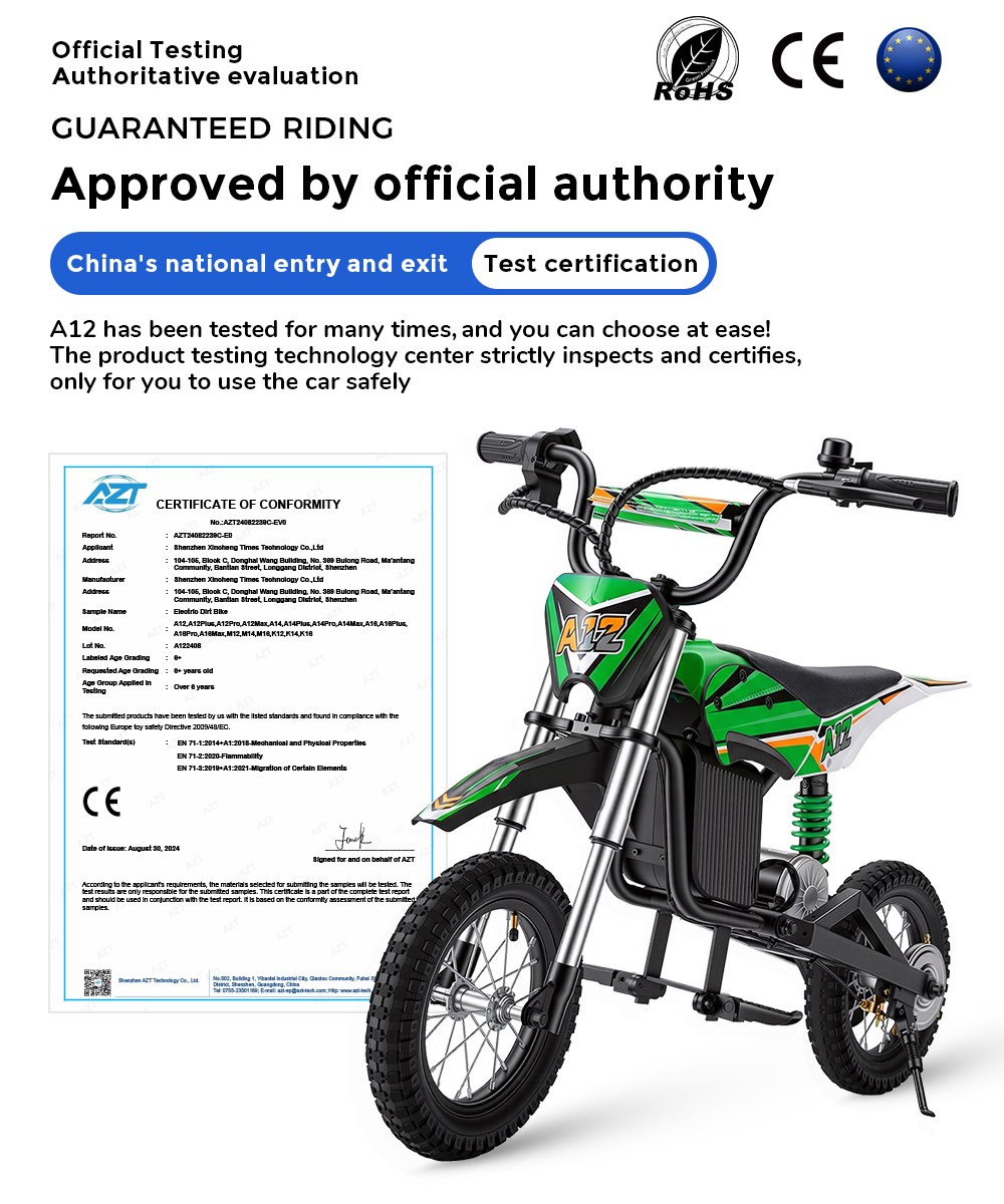 iScooter A12 Moto Tout-Terrain Électrique pour Enfants, Moteur 300W (350W en crête), Batterie 36V 4.5Ah, 25km/h, 20km d’autonomie, Pneu 12", Suspension avant et arrière, Frein à poignée et frein à disque arrière, 3 modes de vitesse - Vert