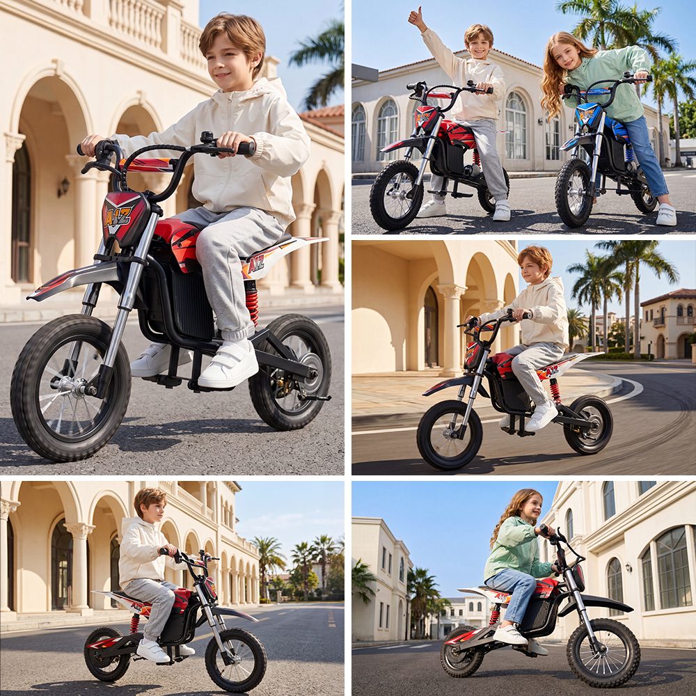 iScooter A12 Kinder-Elektro-Dirtbike, 300W Motor (350W Peak), 36V 4.5Ah Akku, 25 km/h Max. Geschwindigkeit, 20 km Reichweite, 12-Zoll Luftreifen, Vorder- & Hinterradfederung, Griffbremse & hintere Scheibenbremse, 3 Fahrmodi, 70 kg Traglast - Rot