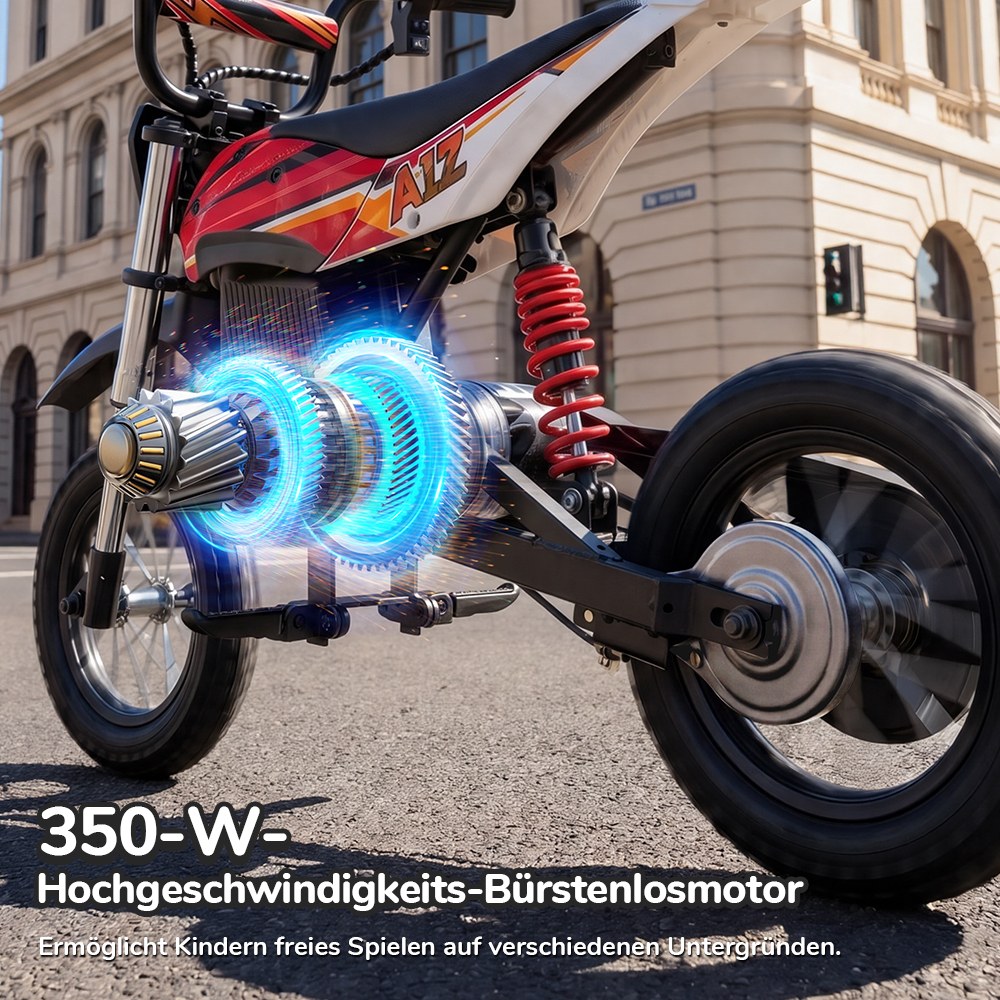 iScooter A12 Kinder-Elektro-Dirtbike, 300W Motor (350W Peak), 36V 4.5Ah Akku, 25 km/h Max. Geschwindigkeit, 20 km Reichweite, 12-Zoll Luftreifen, Vorder- & Hinterradfederung, Griffbremse & hintere Scheibenbremse, 3 Fahrmodi, 70 kg Traglast - Rot