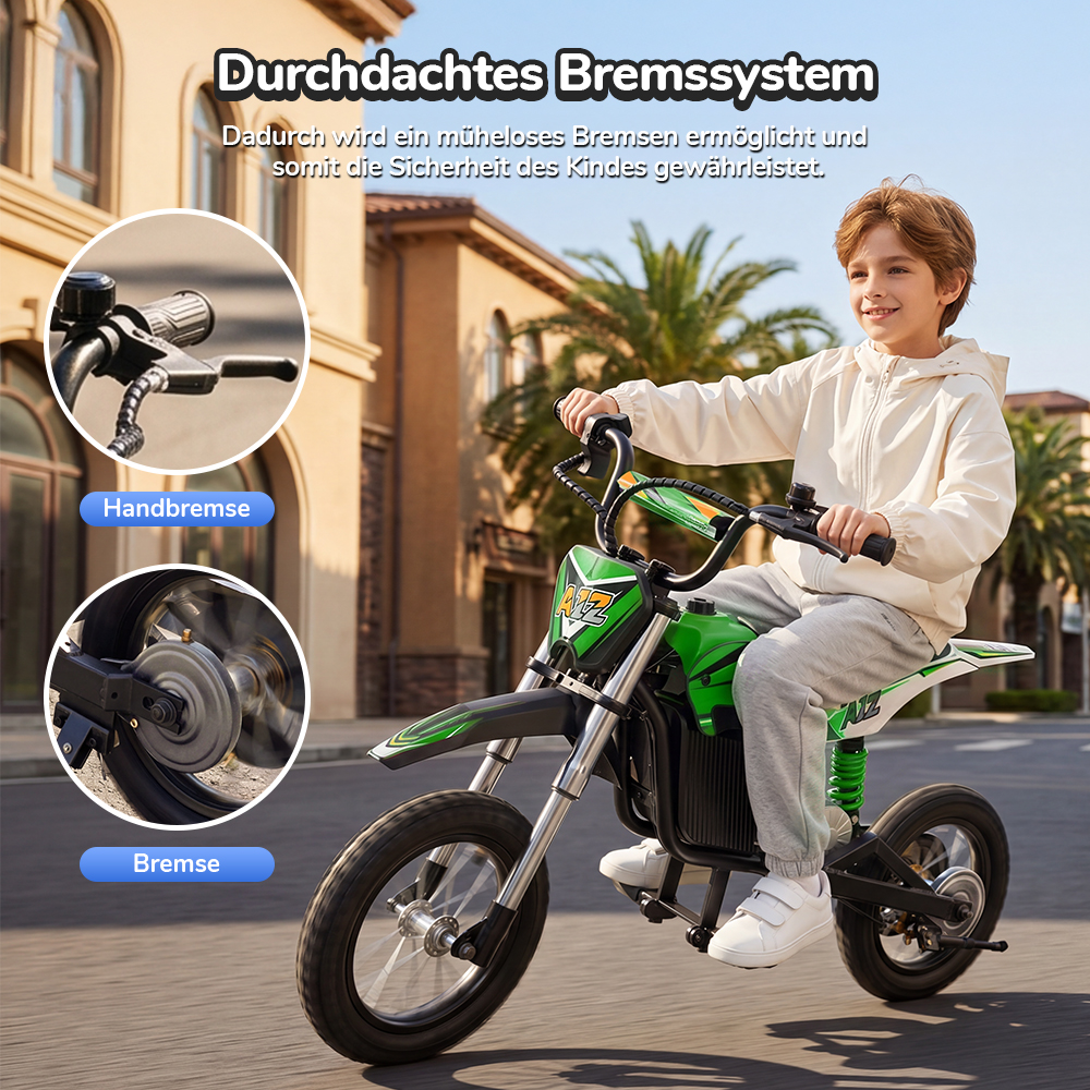 iScooter A12 Kinder-Elektro-Dirtbike, 300W Motor (350W Peak), 36V 4.5Ah Akku, 25 km/h Max. Geschwindigkeit, 20 km Reichweite, 12-Zoll Luftreifen, Vorder- & Hinterradfederung, Griffbremse & hintere Scheibenbremse, 3 Fahrmodi, 70 kg Traglast - Grün