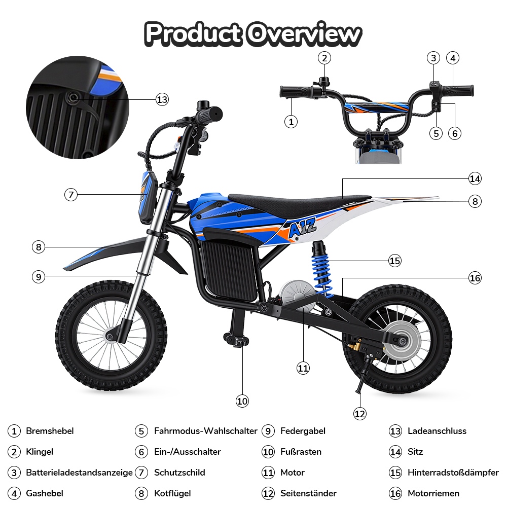 iScooter A12 Kinder-Elektro-Dirtbike, 300W Motor (350W Peak), 36V 4.5Ah Akku, 25 km/h Max. Geschwindigkeit, 20 km Reichweite, 12-Zoll Luftreifen, Vorder- & Hinterradfederung, Griffbremse & hintere Scheibenbremse, 3 Fahrmodi, 70 kg Traglast - Blau
