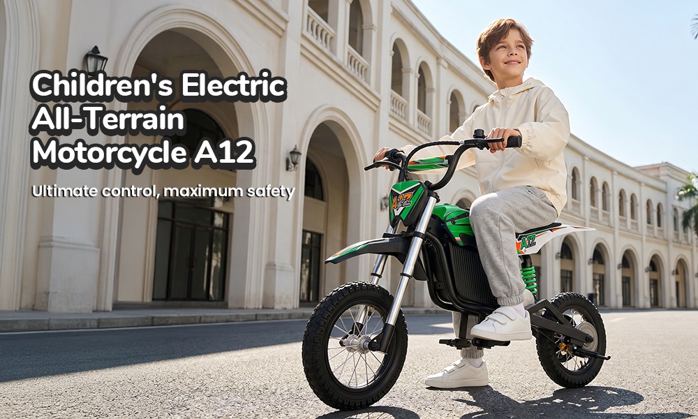 iScooter A12 Moto Tout-Terrain Électrique pour Enfants, Moteur 300W (350W en crête), Batterie 36V 4.5Ah, 25km/h, 20km d’autonomie, Pneu 12", Suspension avant et arrière, Frein à poignée et frein à disque arrière, 3 modes de vitesse - Vert