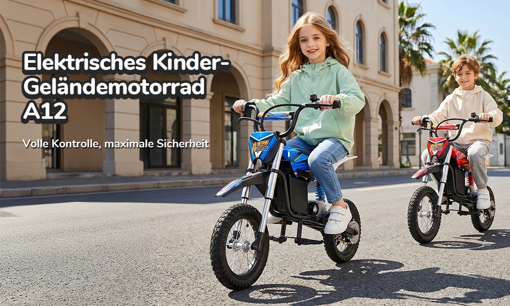 iScooter A12 Kinder-Elektro-Dirtbike, 300W Motor (350W Peak), 36V 4.5Ah Akku, 25 km/h Max. Geschwindigkeit, 20 km Reichweite, 12-Zoll Luftreifen, Vorder- & Hinterradfederung, Griffbremse & hintere Scheibenbremse, 3 Fahrmodi, 70 kg Traglast - Rot