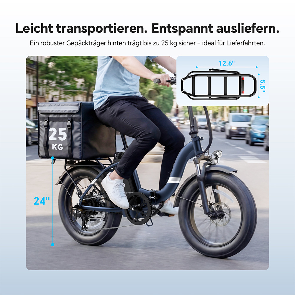 Touroll S2 Elektrofahrrad, 650 W max. Leistung, 48 V 15 Ah Akku, 20 x 4,0 Zoll Reifen, 25 km/h Max. Geschwindigkeit, 150 km max. Reichweite, mechanische Scheibenbremse & E-Bremse, mechanischer Stoßdämpfer, Shimano 7-Gang-Getriebe