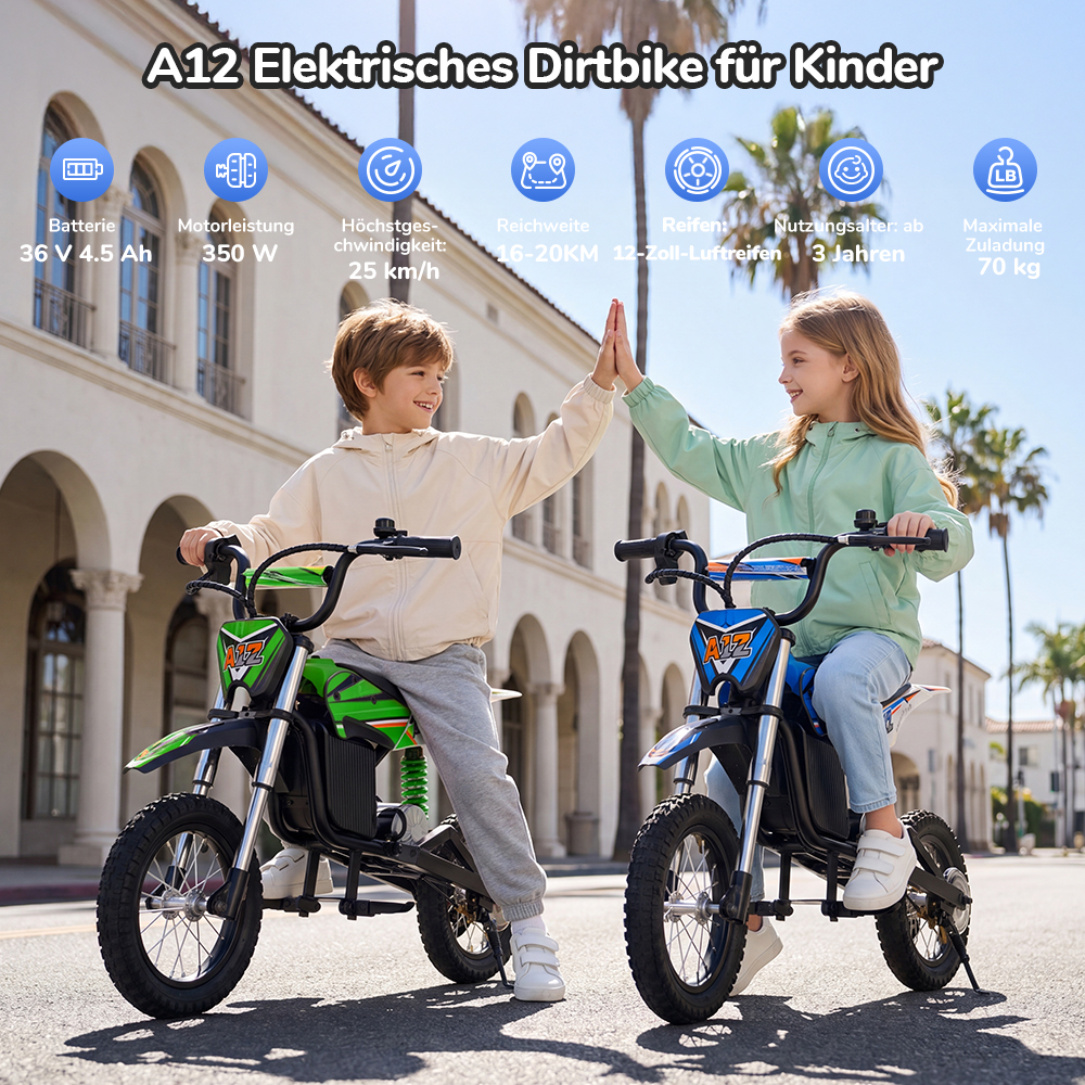 iScooter A12 Kinder-Elektro-Dirtbike, 300W Motor (350W Peak), 36V 4.5Ah Akku, 25 km/h Max. Geschwindigkeit, 20 km Reichweite, 12-Zoll Luftreifen, Vorder- & Hinterradfederung, Griffbremse & hintere Scheibenbremse, 3 Fahrmodi, 70 kg Traglast - Grün