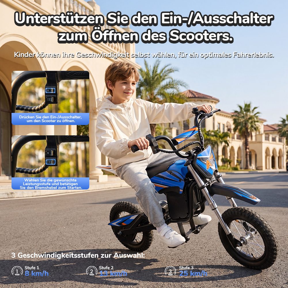iScooter A12 Kinder-Elektro-Dirtbike, 300W Motor (350W Peak), 36V 4.5Ah Akku, 25 km/h Max. Geschwindigkeit, 20 km Reichweite, 12-Zoll Luftreifen, Vorder- & Hinterradfederung, Griffbremse & hintere Scheibenbremse, 3 Fahrmodi, 70 kg Traglast - Blau