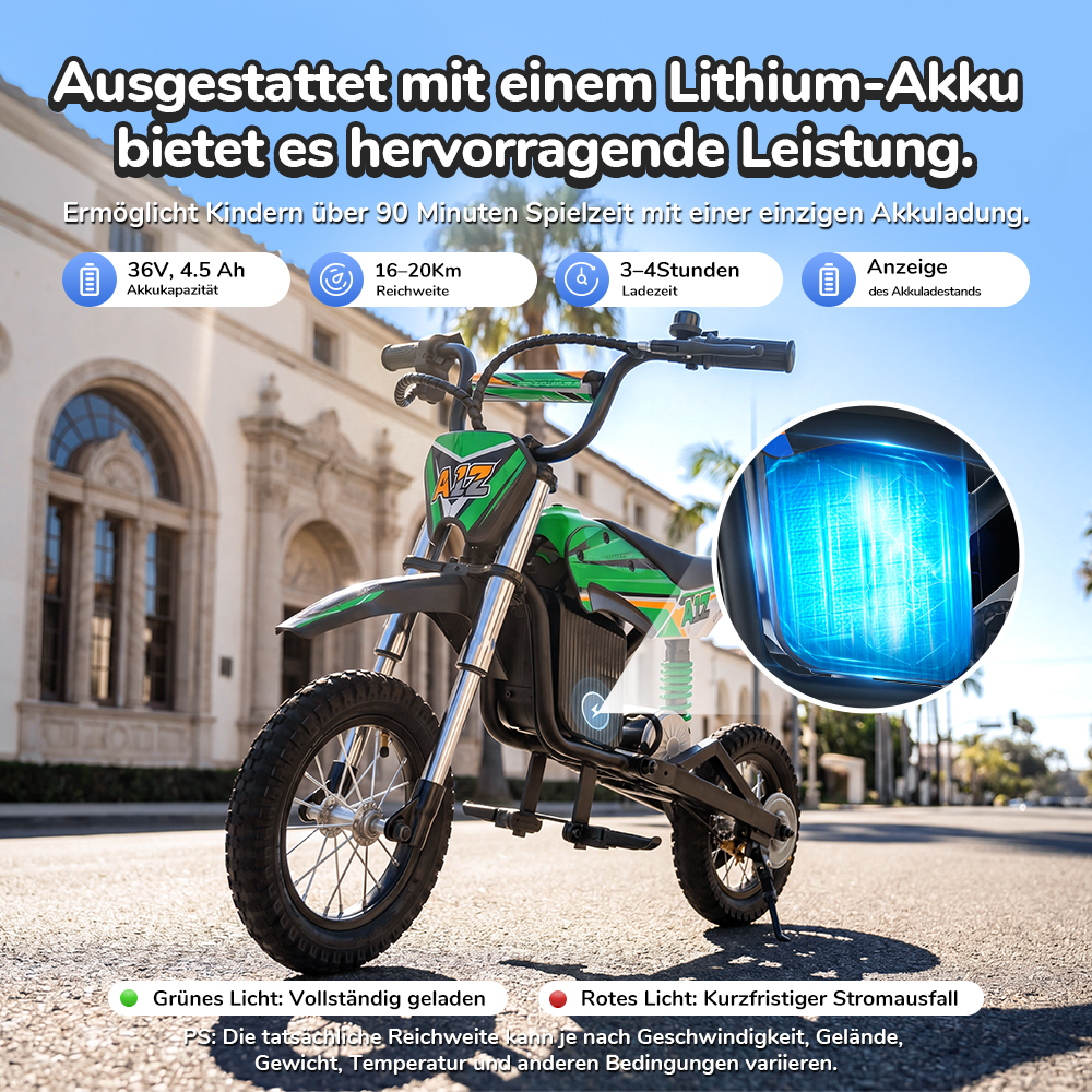 iScooter A12 Kinder-Elektro-Dirtbike, 300W Motor (350W Peak), 36V 4.5Ah Akku, 25 km/h Max. Geschwindigkeit, 20 km Reichweite, 12-Zoll Luftreifen, Vorder- & Hinterradfederung, Griffbremse & hintere Scheibenbremse, 3 Fahrmodi, 70 kg Traglast - Grün