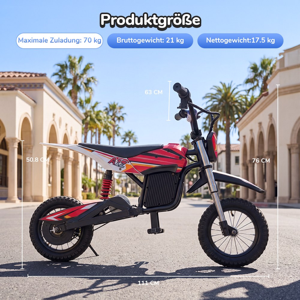 iScooter A12 Kinder-Elektro-Dirtbike, 300W Motor (350W Peak), 36V 4.5Ah Akku, 25 km/h Max. Geschwindigkeit, 20 km Reichweite, 12-Zoll Luftreifen, Vorder- & Hinterradfederung, Griffbremse & hintere Scheibenbremse, 3 Fahrmodi, 70 kg Traglast - Rot