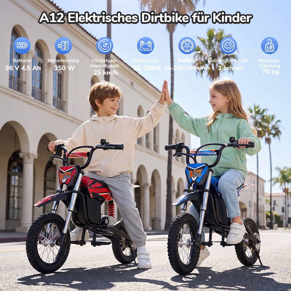iScooter A12 Kinder-Elektro-Dirtbike, 300W Motor (350W Peak), 36V 4.5Ah Akku, 25 km/h Max. Geschwindigkeit, 20 km Reichweite, 12-Zoll Luftreifen, Vorder- & Hinterradfederung, Griffbremse & hintere Scheibenbremse, 3 Fahrmodi, 70 kg Traglast - Rot