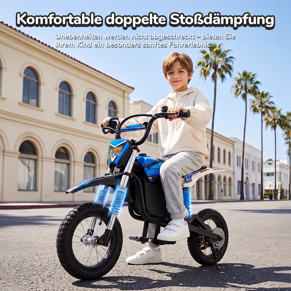 iScooter A12 Kinder-Elektro-Dirtbike, 300W Motor (350W Peak), 36V 4.5Ah Akku, 25 km/h Max. Geschwindigkeit, 20 km Reichweite, 12-Zoll Luftreifen, Vorder- & Hinterradfederung, Griffbremse & hintere Scheibenbremse, 3 Fahrmodi, 70 kg Traglast - Blau