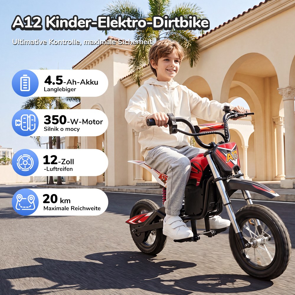 iScooter A12 Kinder-Elektro-Dirtbike, 300W Motor (350W Peak), 36V 4.5Ah Akku, 25 km/h Max. Geschwindigkeit, 20 km Reichweite, 12-Zoll Luftreifen, Vorder- & Hinterradfederung, Griffbremse & hintere Scheibenbremse, 3 Fahrmodi, 70 kg Traglast - Rot