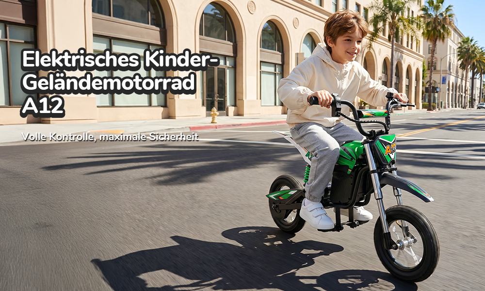 iScooter A12 Kinder-Elektro-Dirtbike, 300W Motor (350W Peak), 36V 4.5Ah Akku, 25 km/h Max. Geschwindigkeit, 20 km Reichweite, 12-Zoll Luftreifen, Vorder- & Hinterradfederung, Griffbremse & hintere Scheibenbremse, 3 Fahrmodi, 70 kg Traglast - Grün