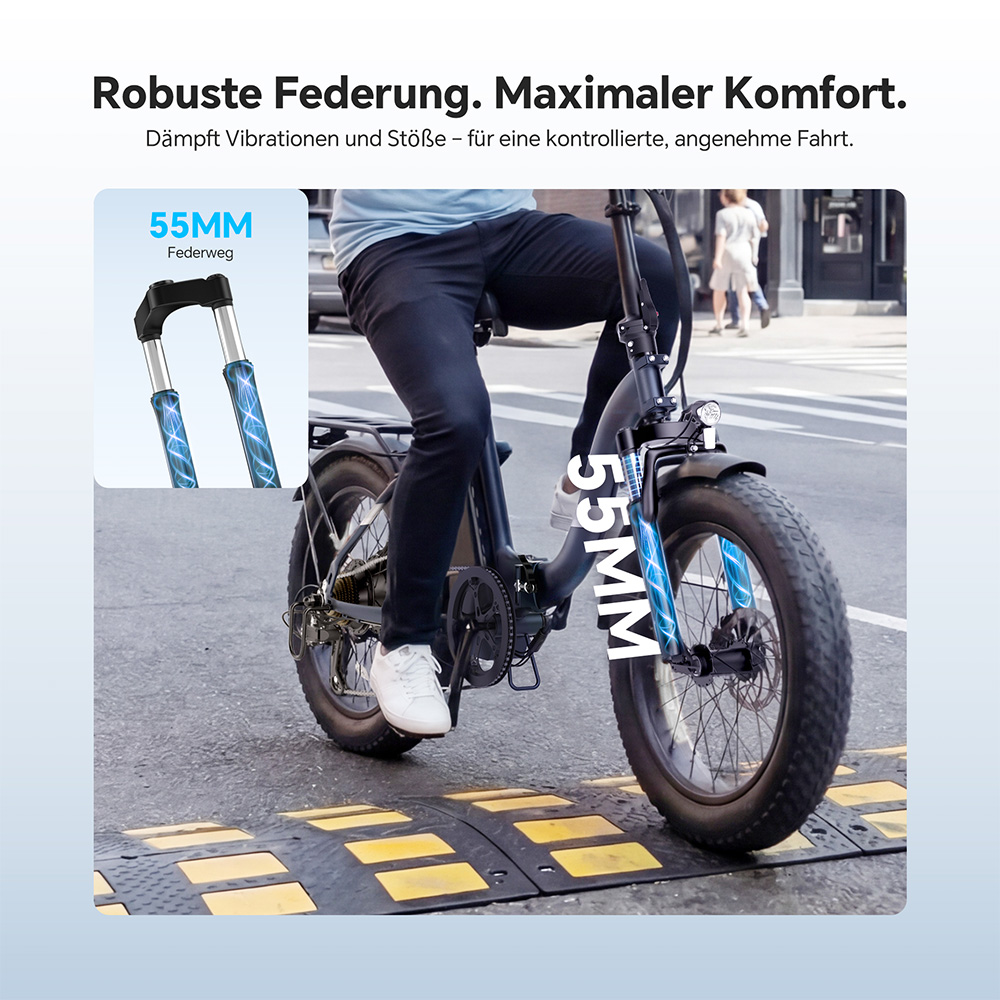 Touroll S2 Elektrofahrrad, 650 W max. Leistung, 48 V 15 Ah Akku, 20 x 4,0 Zoll Reifen, 25 km/h Max. Geschwindigkeit, 150 km max. Reichweite, mechanische Scheibenbremse & E-Bremse, mechanischer Stoßdämpfer, Shimano 7-Gang-Getriebe