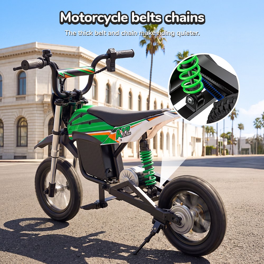 iScooter A12 Moto Tout-Terrain Électrique pour Enfants, Moteur 300W (350W en crête), Batterie 36V 4.5Ah, 25km/h, 20km d’autonomie, Pneu 12", Suspension avant et arrière, Frein à poignée et frein à disque arrière, 3 modes de vitesse - Vert