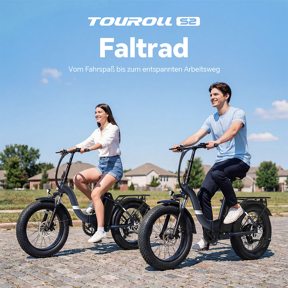 Touroll S2 Elektrofahrrad, 650 W max. Leistung, 48 V 15 Ah Akku, 20 x 4,0 Zoll Reifen, 25 km/h Max. Geschwindigkeit, 150 km max. Reichweite, mechanische Scheibenbremse & E-Bremse, mechanischer Stoßdämpfer, Shimano 7-Gang-Getriebe