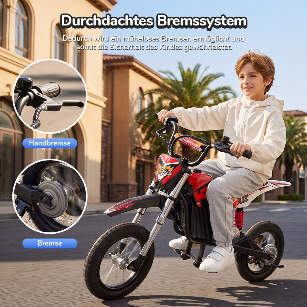 iScooter A12 Kinder-Elektro-Dirtbike, 300W Motor (350W Peak), 36V 4.5Ah Akku, 25 km/h Max. Geschwindigkeit, 20 km Reichweite, 12-Zoll Luftreifen, Vorder- & Hinterradfederung, Griffbremse & hintere Scheibenbremse, 3 Fahrmodi, 70 kg Traglast - Rot