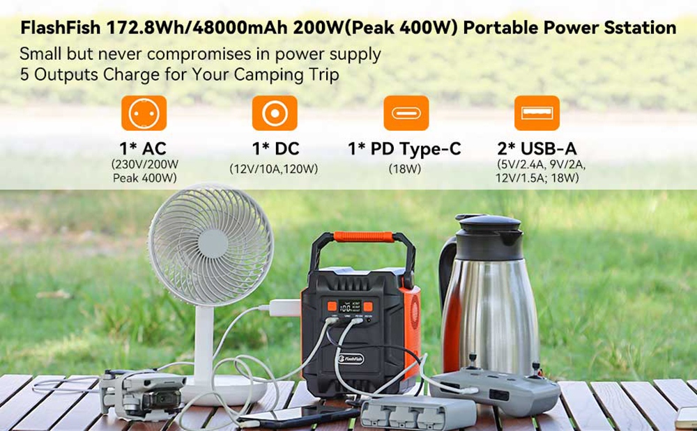 Flashfish A201 Tragbare Powerstation 200W, 172,8Wh/48000mAh Solargenerator-Backup-Akkupack mit 220V AC-Steckdosen