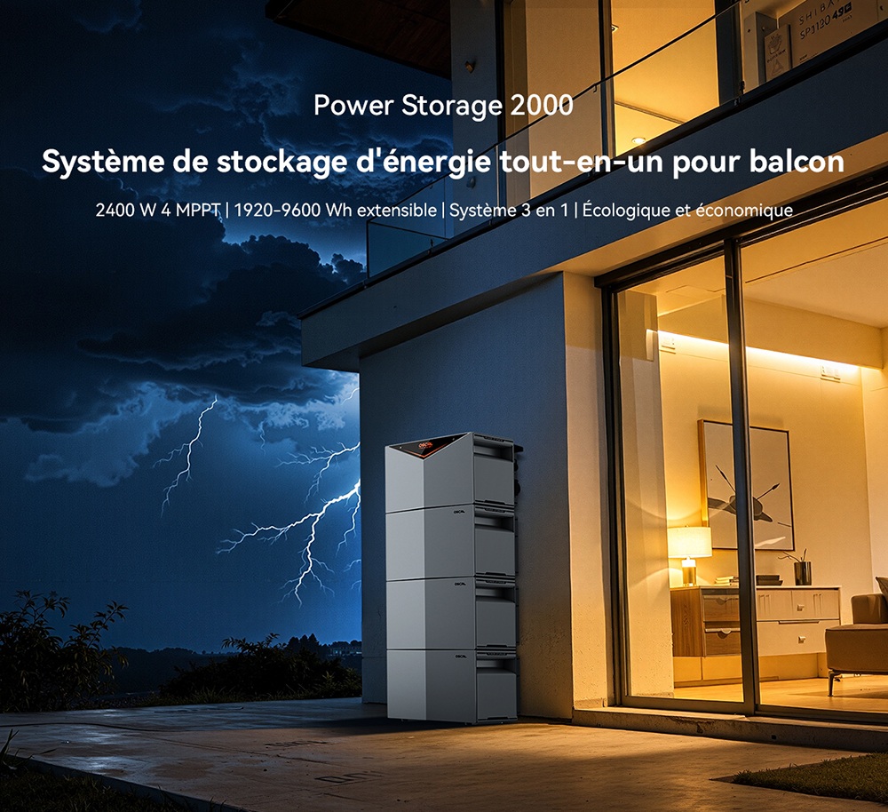 Oscal Power Storage 2000 Stockage d'&Eacute;nergie pour Balcon, Batterie LiFePO4 1920Wh, Extensible &agrave; 9600Wh, Sortie CA 1200W, Entr&eacute;e Solaire 2400W 4 MPPT, Micro-onduleur 800W Int&eacute;gr&eacute;, UPS 0,01s, 3500+ Cycles, Wi-Fi & Bluetooth, IP65