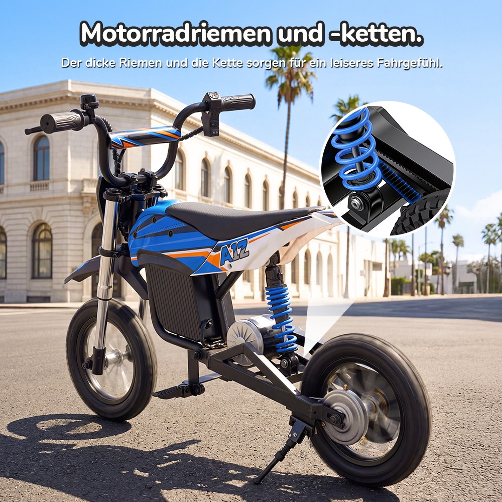 iScooter A12 Kinder-Elektro-Dirtbike, 300W Motor (350W Peak), 36V 4.5Ah Akku, 25 km/h Max. Geschwindigkeit, 20 km Reichweite, 12-Zoll Luftreifen, Vorder- & Hinterradfederung, Griffbremse & hintere Scheibenbremse, 3 Fahrmodi, 70 kg Traglast - Blau