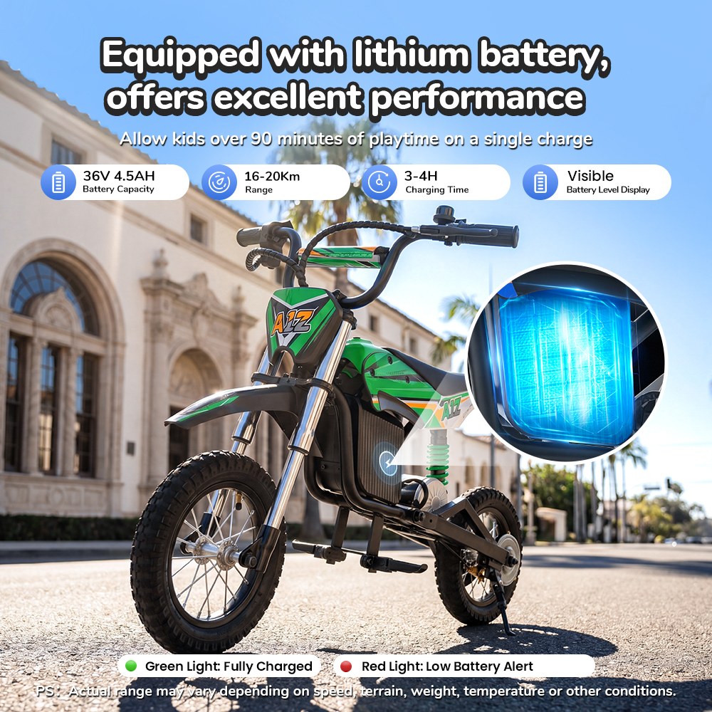 iScooter A12 Moto Tout-Terrain Électrique pour Enfants, Moteur 300W (350W en crête), Batterie 36V 4.5Ah, 25km/h, 20km d’autonomie, Pneu 12", Suspension avant et arrière, Frein à poignée et frein à disque arrière, 3 modes de vitesse - Vert