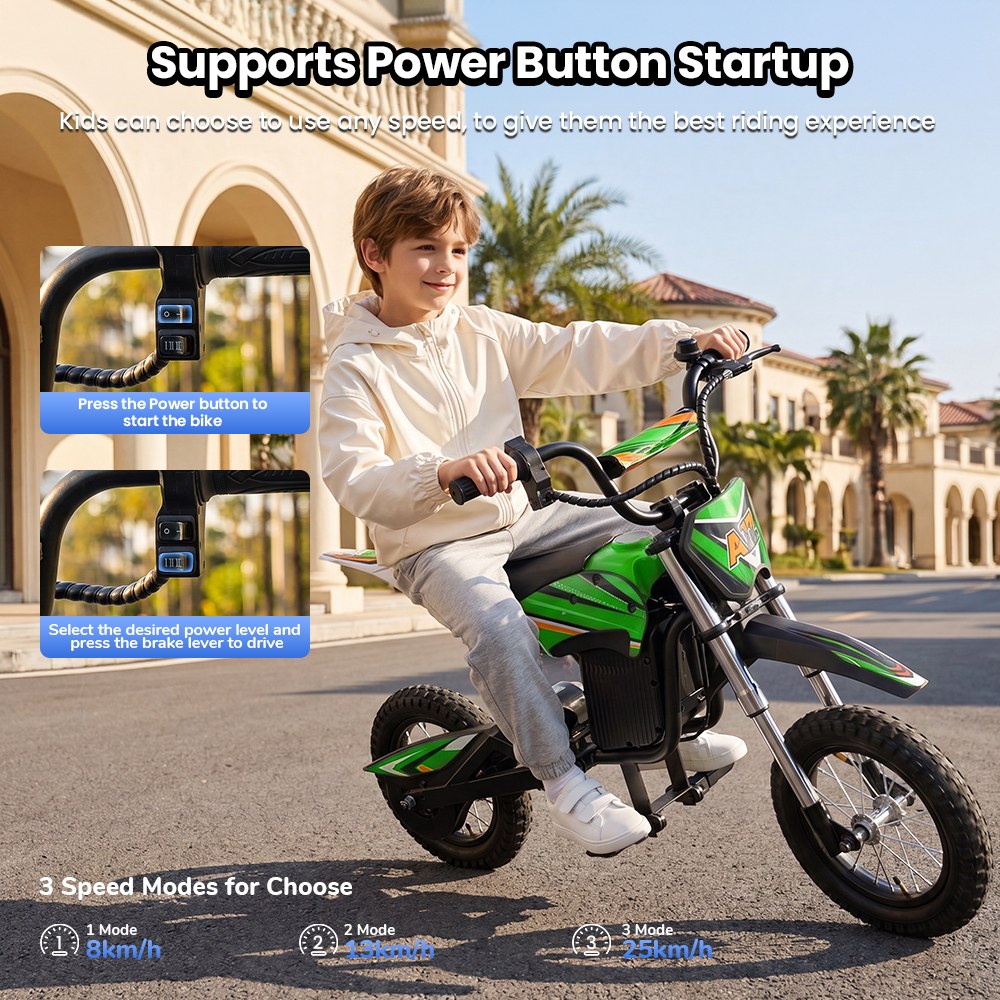 iScooter A12 Moto Tout-Terrain Électrique pour Enfants, Moteur 300W (350W en crête), Batterie 36V 4.5Ah, 25km/h, 20km d’autonomie, Pneu 12", Suspension avant et arrière, Frein à poignée et frein à disque arrière, 3 modes de vitesse - Vert