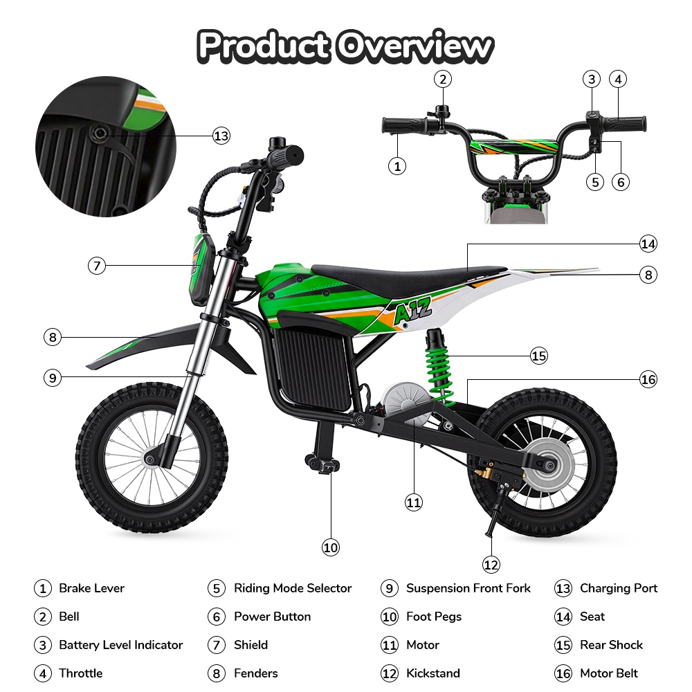iScooter A12 Moto Tout-Terrain Électrique pour Enfants, Moteur 300W (350W en crête), Batterie 36V 4.5Ah, 25km/h, 20km d’autonomie, Pneu 12", Suspension avant et arrière, Frein à poignée et frein à disque arrière, 3 modes de vitesse - Vert