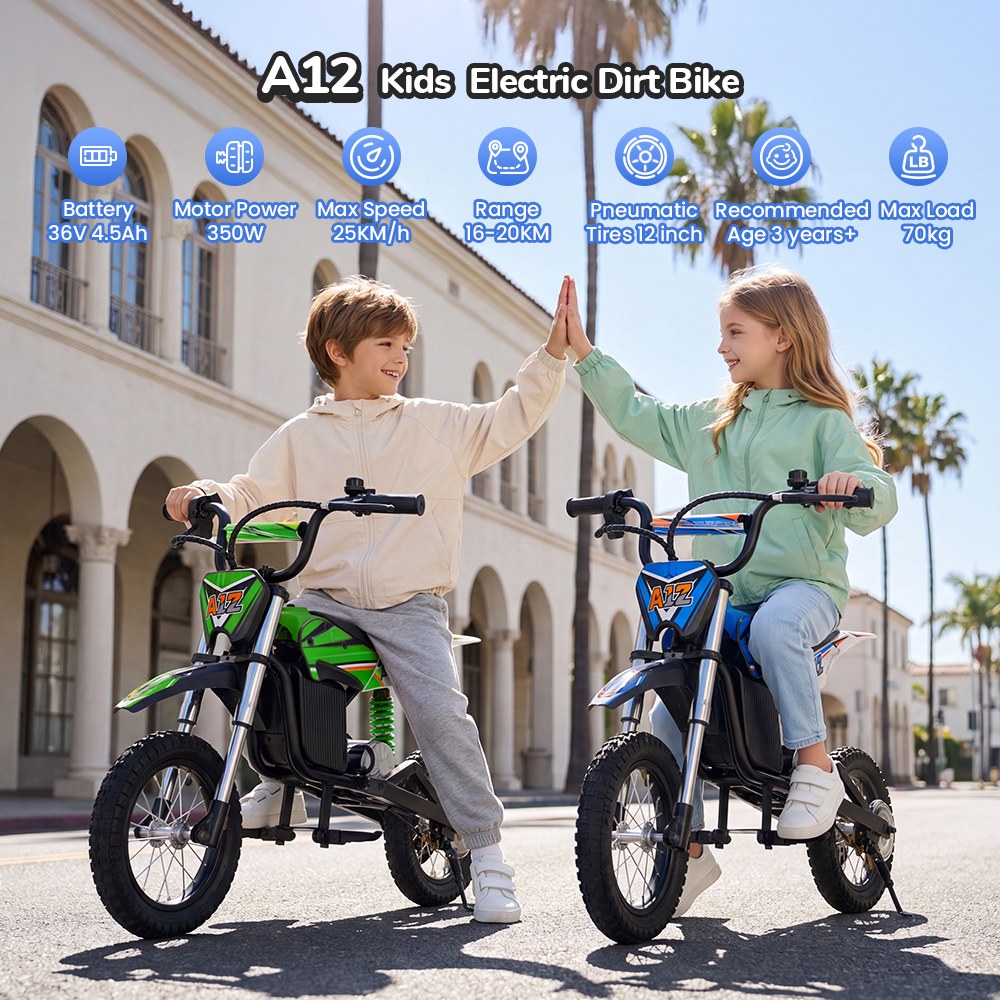 iScooter A12 Moto Tout-Terrain Électrique pour Enfants, Moteur 300W (350W en crête), Batterie 36V 4.5Ah, 25km/h, 20km d’autonomie, Pneu 12", Suspension avant et arrière, Frein à poignée et frein à disque arrière, 3 modes de vitesse - Vert