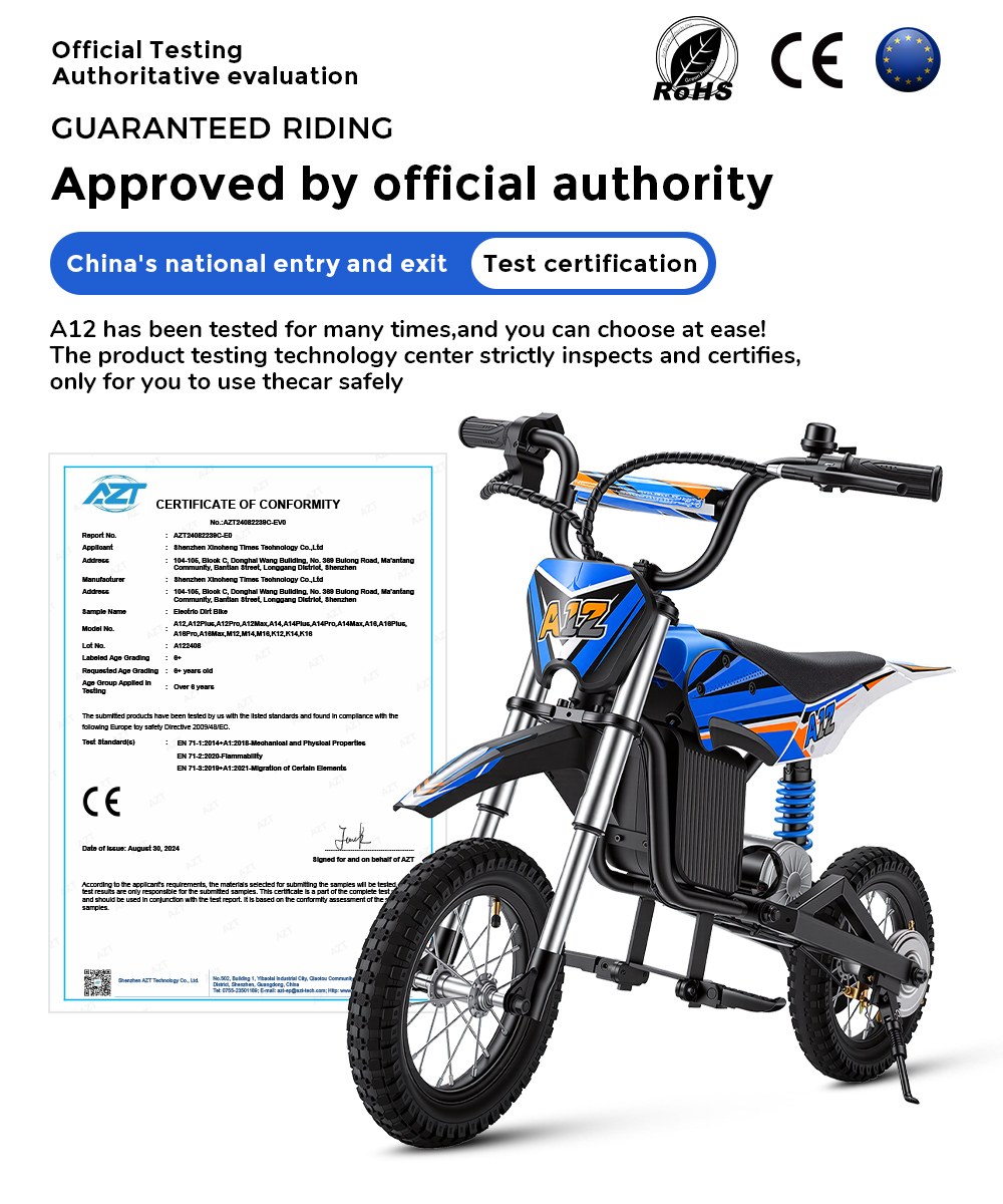 iScooter A12 Kinder-Elektro-Dirtbike, 300W Motor (350W Peak), 36V 4.5Ah Akku, 25 km/h Max. Geschwindigkeit, 20 km Reichweite, 12-Zoll Luftreifen, Vorder- & Hinterradfederung, Griffbremse & hintere Scheibenbremse, 3 Fahrmodi, 70 kg Traglast - Blau