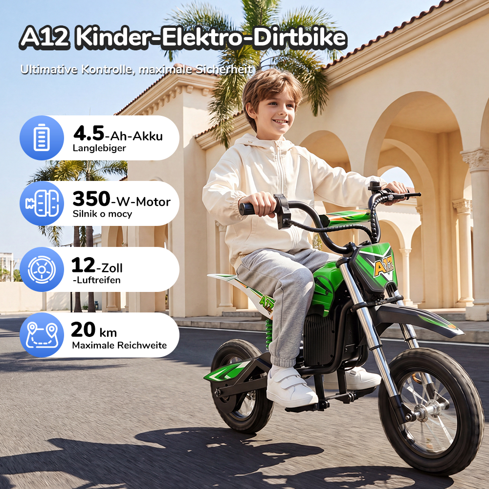 iScooter A12 Kinder-Elektro-Dirtbike, 300W Motor (350W Peak), 36V 4.5Ah Akku, 25 km/h Max. Geschwindigkeit, 20 km Reichweite, 12-Zoll Luftreifen, Vorder- & Hinterradfederung, Griffbremse & hintere Scheibenbremse, 3 Fahrmodi, 70 kg Traglast - Grün