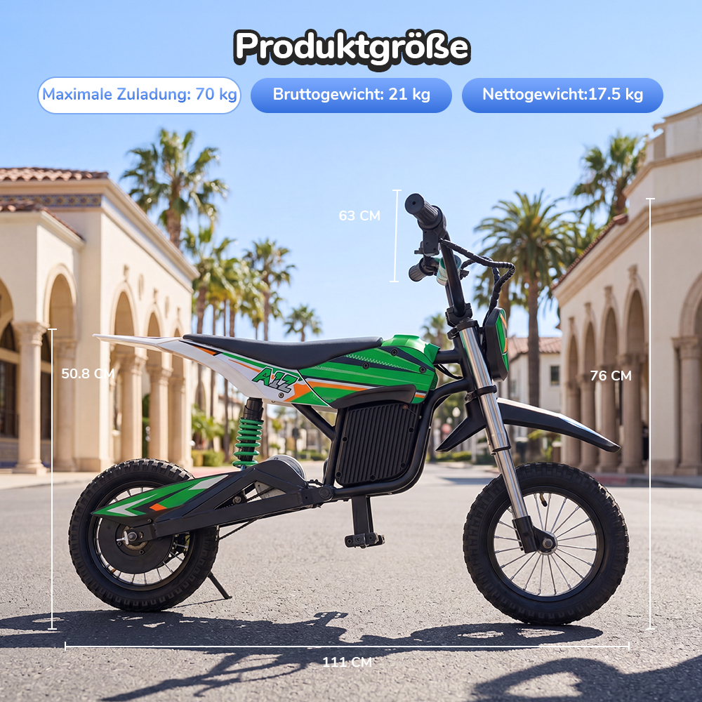 iScooter A12 Kinder-Elektro-Dirtbike, 300W Motor (350W Peak), 36V 4.5Ah Akku, 25 km/h Max. Geschwindigkeit, 20 km Reichweite, 12-Zoll Luftreifen, Vorder- & Hinterradfederung, Griffbremse & hintere Scheibenbremse, 3 Fahrmodi, 70 kg Traglast - Grün