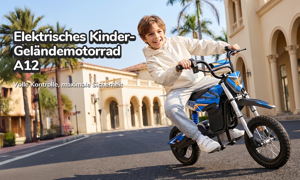 iScooter A12 Kinder-Elektro-Dirtbike, 300W Motor (350W Peak), 36V 4.5Ah Akku, 25 km/h Max. Geschwindigkeit, 20 km Reichweite, 12-Zoll Luftreifen, Vorder- & Hinterradfederung, Griffbremse & hintere Scheibenbremse, 3 Fahrmodi, 70 kg Traglast - Blau