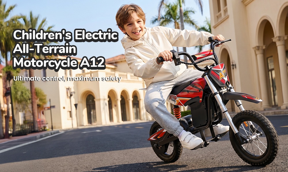 Detská elektrická terénna motorka iScooter A12, motor 300 W (špičkový výkon 350 W), batéria 36 V 4,5 Ah, maximálna rýchlosť 25 km/h, dojazd 20 km, 12-palcové pneumatiky, predné a zadné odpruženie, rýchlostná brzda a zadná kotúčová brzda, 3 režimy rýchlosti, maximálne zaťaženie 70 kg – červená