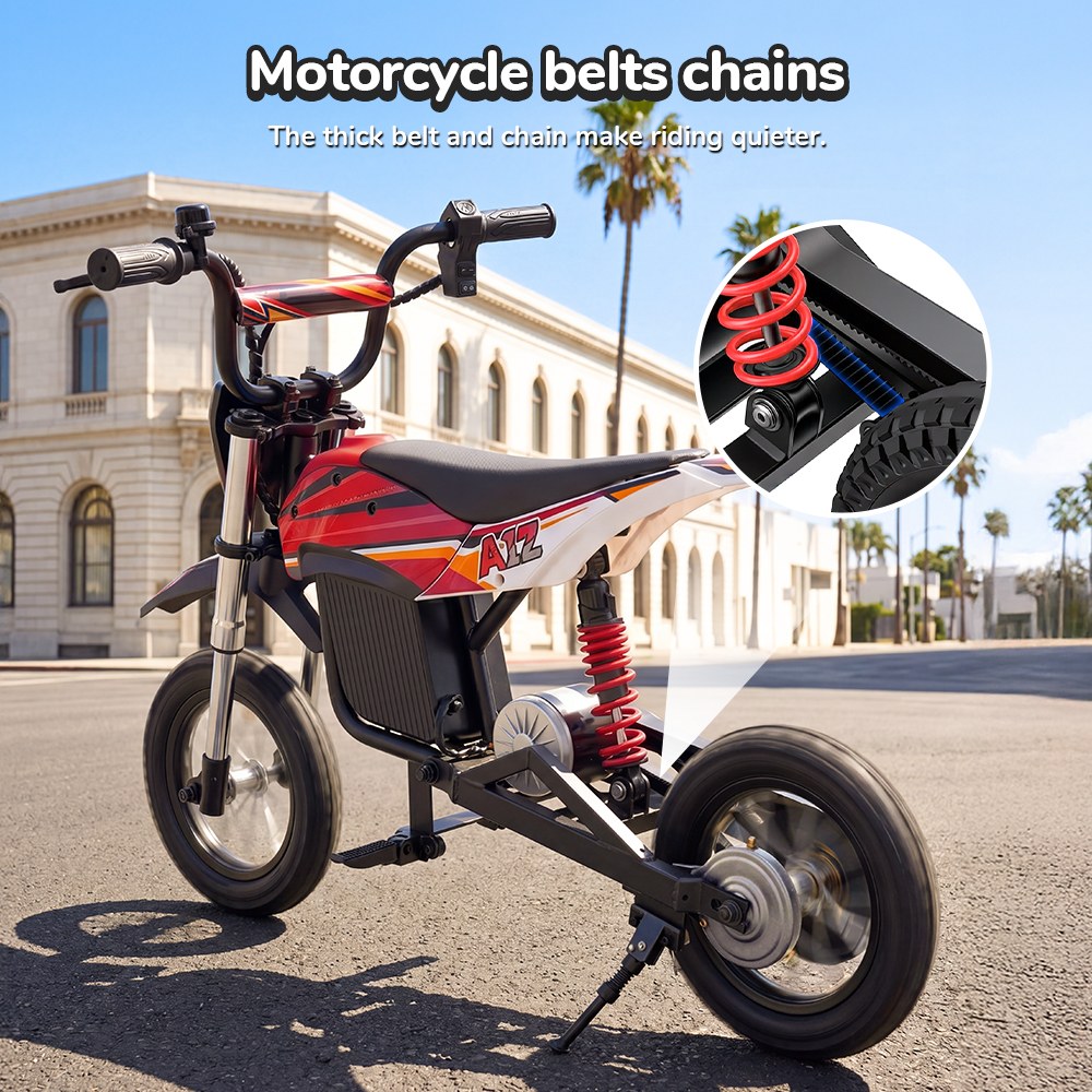 Detská elektrická terénna motorka iScooter A12, motor 300 W (špičkový výkon 350 W), batéria 36 V 4,5 Ah, maximálna rýchlosť 25 km/h, dojazd 20 km, 12-palcová pneumatika, predné a zadné odpruženie, rýchlostná brzda a zadná kotúčová brzda, 3 režimy rýchlosti, maximálne zaťaženie 70 kg – červená