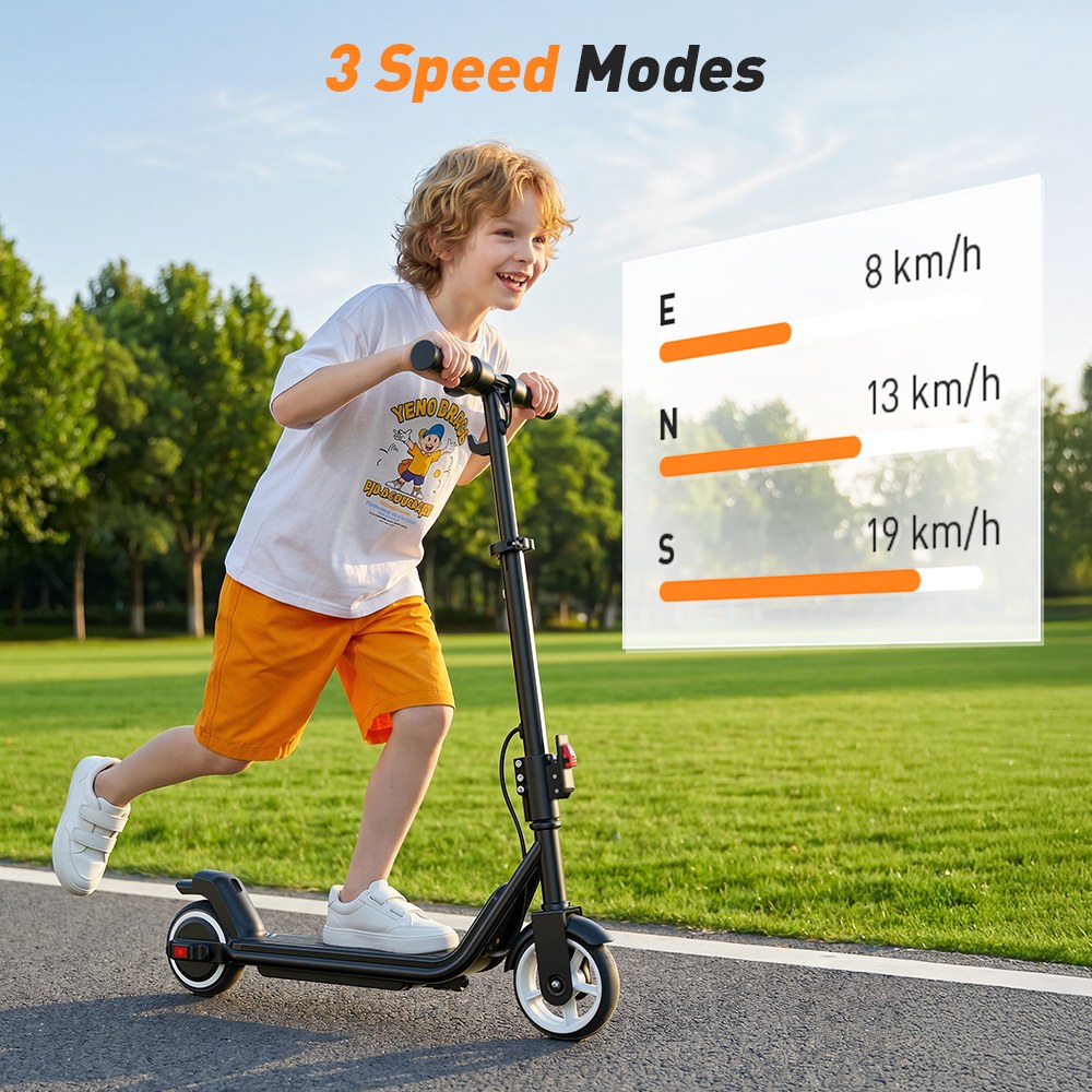 iScooter iK3Max Kinder-Elektroroller, 200-W-Motor, 21,6-V-4,5-Ah-Akku, 6,5-Zoll-Vollgummireifen, 3 Geschwindigkeitsstufen (8/13/19 km/h), Doppelbremse, RGB-Umgebungsbeleuchtung, Bluetooth-Lautsprecher, verstellbarer, faltbarer Rahmen