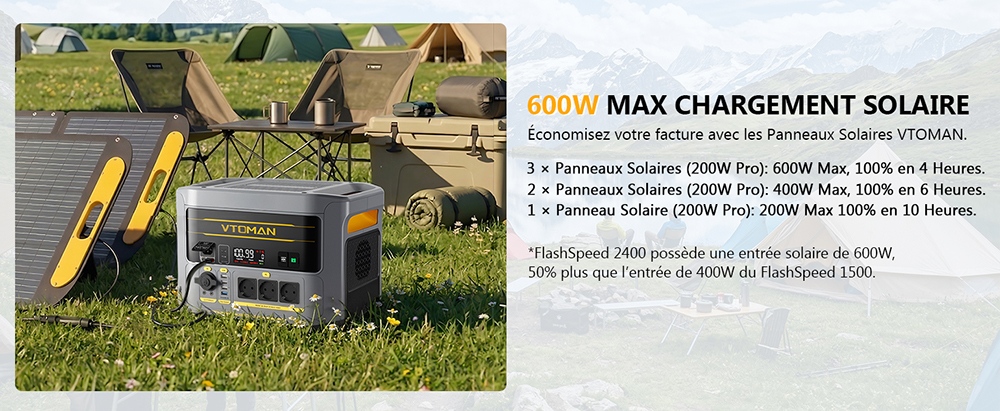 Station d'alimentation portable VTOMAN FlashSpeed 2400, batterie LiFePO4 de 1408Wh, sortie AC de 2400W, puissance de pointe de 3200W, 12 ports de sortie, USB-C de 100W, entr&eacute;e solaire de 600W, entr&eacute;e AC de 1500W, UPS <10ms