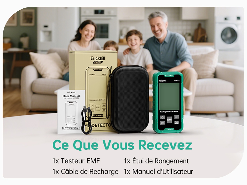 ERICKHILL EMF02 Détecteur EMF 3-en-1, Détecteur de Champ Électrique et Magnétique et RF, Écran 3,1", Rétroéclairage d'Avertissement 3 Couleurs, Alarme Sonore, Fonction de Maintien des Données, Mesure de Pointe/Maximale, Batterie Rechargeable