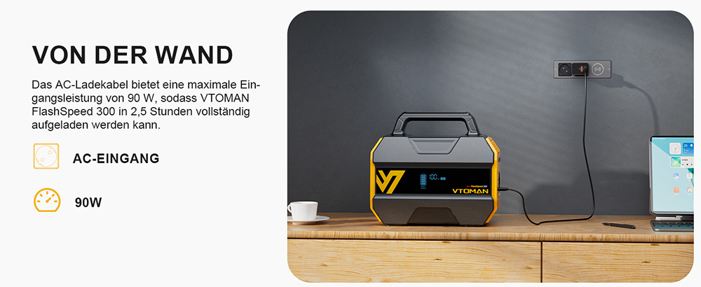VTOMAN FlashSpeed 300 Tragbare Powerstation, 230Wh LiFePO4-Batterie, 300W AC-Ausgang, 600W Spitzenleistung, 7 Anschl&uuml;sse, 100W USB-C Ein-/Ausgang, 3 USB-A-Anschl&uuml;sse, 12V/10A DC-Ausgang, 90W DC-Eingang