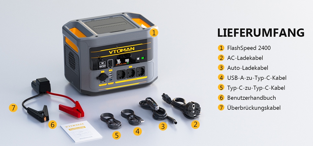 VTOMAN FlashSpeed 2400 Tragbare Powerstation, 1408Wh LiFePO4-Batterie, 2400W AC-Ausgang, 3200W Spitzenleistung, 12 Ausgangsanschlüsse, 100W USB-C, 600W Solar-Eingang, 1500W AC-Eingang, <10ms USV