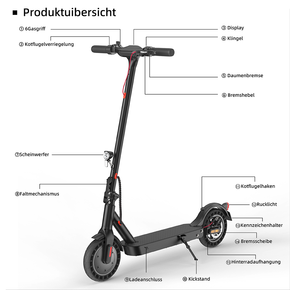 E9T MAX ABE Elektroroller, 500W Motor, 36V10Ah Batterie, 20km/h Geschwindigkeit, 40km Reichweite, 10" Wabenreifen, elektronische Daumenbremse & Scheibenbremse am Lenker, 120kg maximale Belastung
