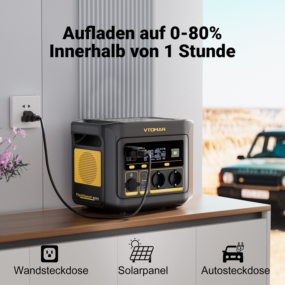VTOMAN FlashSpeed 600 Tragbare Powerstation, 499Wh LiFePO4-Batterie, 600W AC-Ausgang, 1200W Spitzenleistung, V-Beyond-Technologie, 2×100W USB-C PD, 400W AC-Schnellladung, USV-Backup, erweiterbare Kapazität