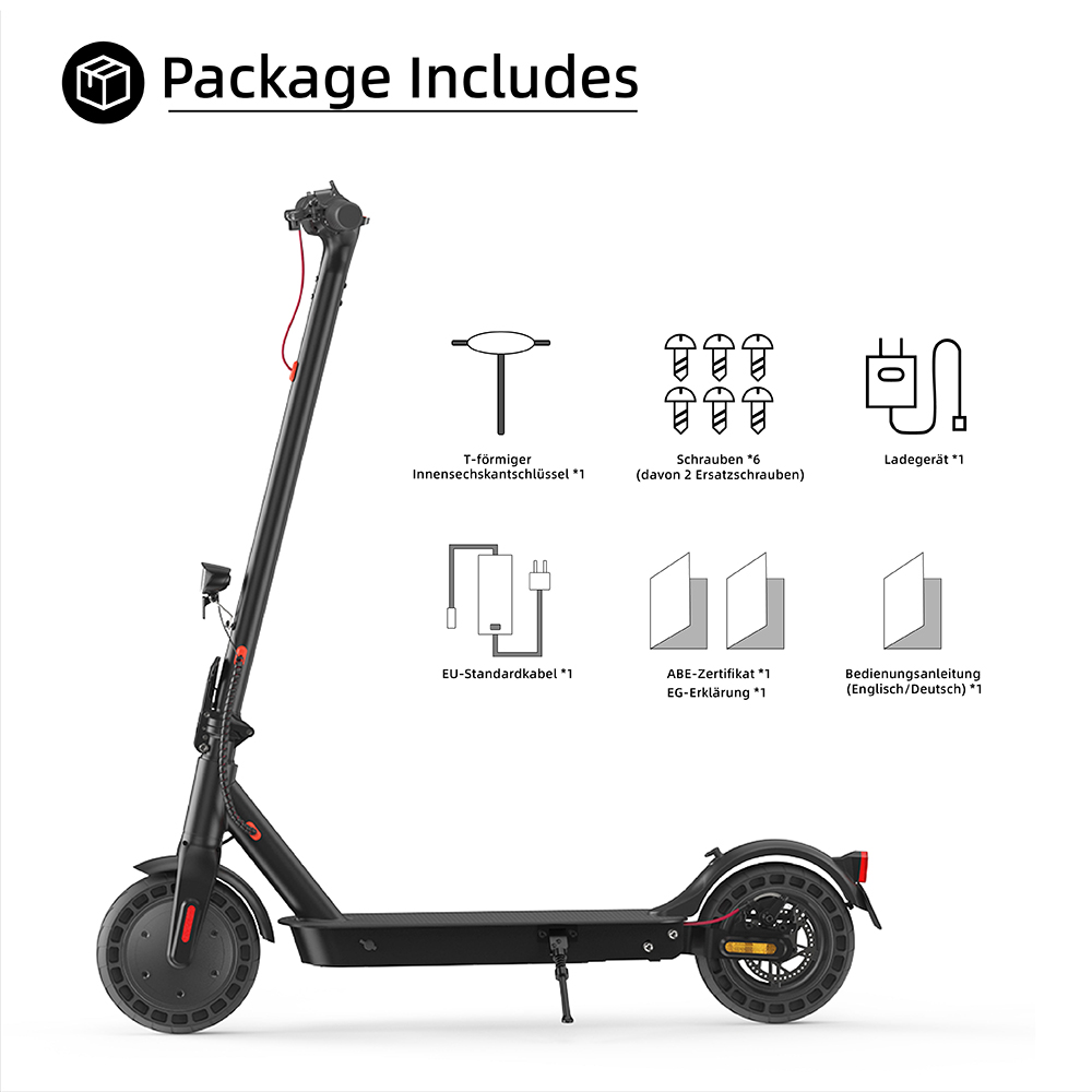 E9T MAX ABE Elektroroller, 500W Motor, 36V10Ah Batterie, 20km/h Geschwindigkeit, 40km Reichweite, 10" Wabenreifen, elektronische Daumenbremse & Scheibenbremse am Lenker, 120kg maximale Belastung