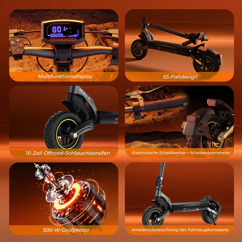 V5 Pro Faltbarer Elektroroller, 500W Motor, 20km/h Höchstgeschwindigkeit, 70km Reichweite, 48V 12,5Ah Batterie, Doppelte Federung, Doppelte Scheibenbremsen + E-Bremse, 10' schlauchlose Offroad-Reifen, APP-Steuerung