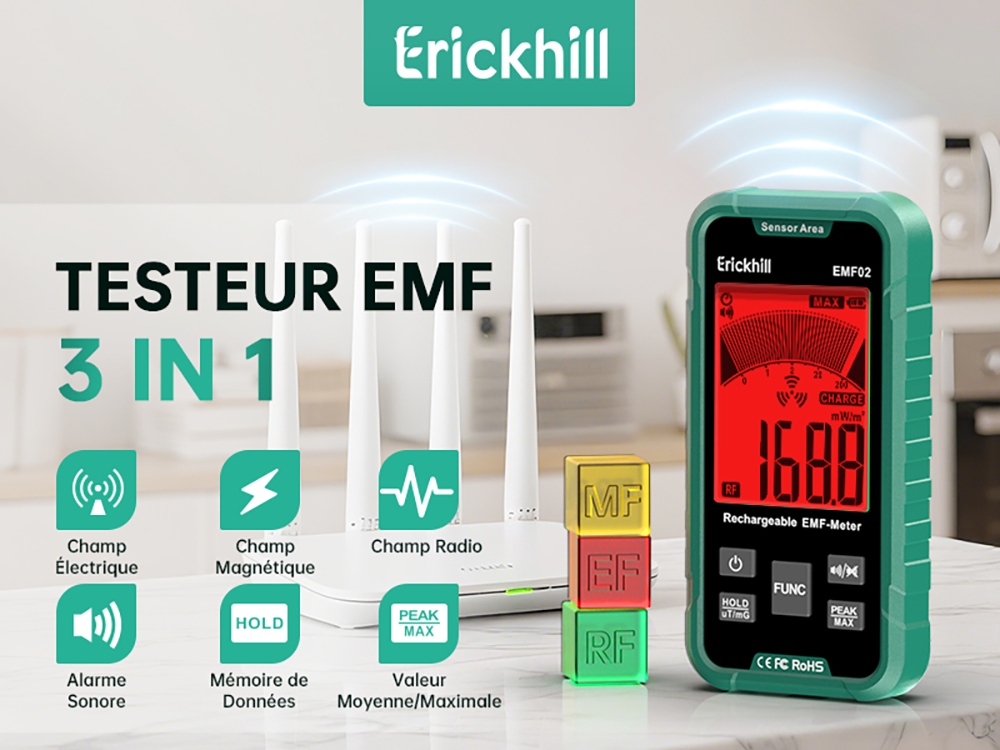 ERICKHILL EMF02 Détecteur EMF 3-en-1, Détecteur de Champ Électrique et Magnétique et RF, Écran 3,1", Rétroéclairage d'Avertissement 3 Couleurs, Alarme Sonore, Fonction de Maintien des Données, Mesure de Pointe/Maximale, Batterie Rechargeable