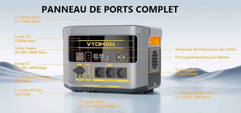 Station d'alimentation portable VTOMAN FlashSpeed 2400, batterie LiFePO4 de 1408Wh, sortie AC de 2400W, puissance de pointe de 3200W, 12 ports de sortie, USB-C de 100W, entr&eacute;e solaire de 600W, entr&eacute;e AC de 1500W, UPS <10ms
