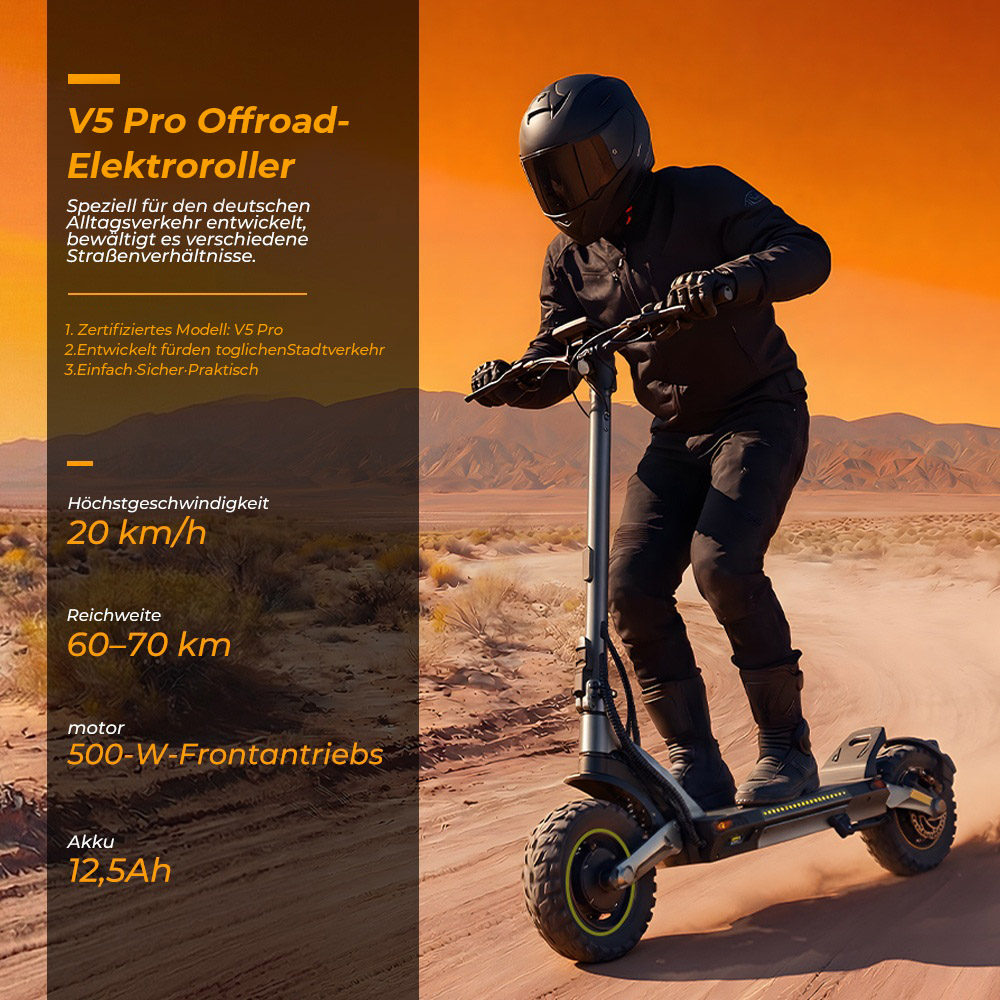 V5 Pro Faltbarer Elektroroller, 500W Motor, 20km/h Höchstgeschwindigkeit, 70km Reichweite, 48V 12,5Ah Batterie, Doppelte Federung, Doppelte Scheibenbremsen + E-Bremse, 10' schlauchlose Offroad-Reifen, APP-Steuerung