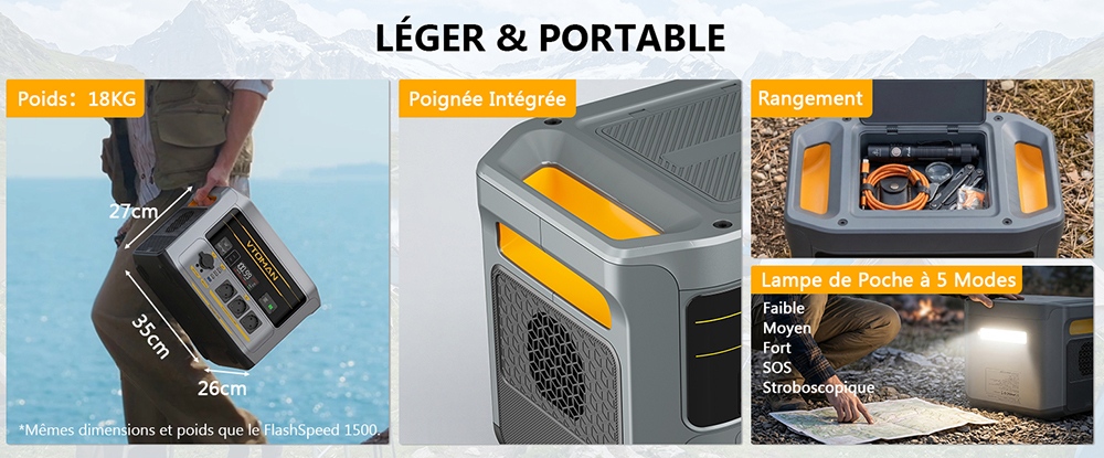 Station d'alimentation portable VTOMAN FlashSpeed 2400, batterie LiFePO4 de 1408Wh, sortie AC de 2400W, puissance de pointe de 3200W, 12 ports de sortie, USB-C de 100W, entr&eacute;e solaire de 600W, entr&eacute;e AC de 1500W, UPS <10ms