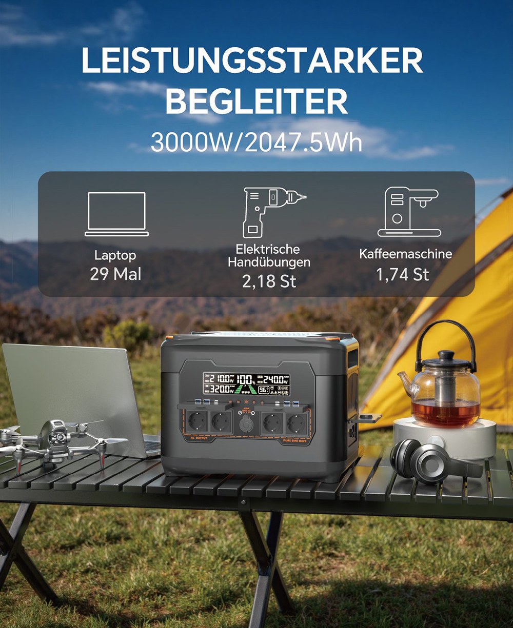 NEWSMY S2400 3000W Tragbare Powerstation, 2047,5Wh LiFePO₄-Batterie, 2000W AC-Schnellladung, Solar-Eingang, 4×AC-, USB-C- & DC-Ausgänge, 10ms USV-Backup für Heimnotstrom, Camping & Off-Grid