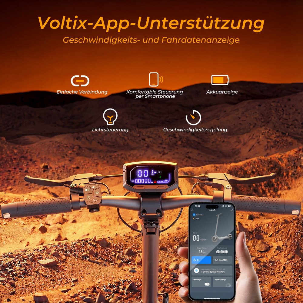V5 Pro Faltbarer Elektroroller, 500W Motor, 20km/h Höchstgeschwindigkeit, 70km Reichweite, 48V 12,5Ah Batterie, Doppelte Federung, Doppelte Scheibenbremsen + E-Bremse, 10' schlauchlose Offroad-Reifen, APP-Steuerung