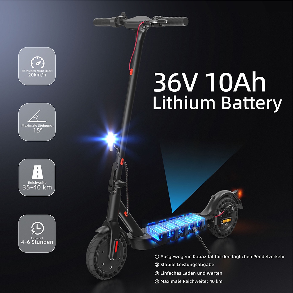 E9T MAX ABE Elektroroller, 500W Motor, 36V10Ah Batterie, 20km/h Geschwindigkeit, 40km Reichweite, 10" Wabenreifen, elektronische Daumenbremse & Scheibenbremse am Lenker, 120kg maximale Belastung