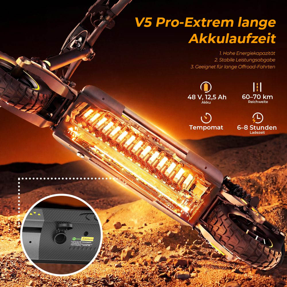 V5 Pro Faltbarer Elektroroller, 500W Motor, 20km/h Höchstgeschwindigkeit, 70km Reichweite, 48V 12,5Ah Batterie, Doppelte Federung, Doppelte Scheibenbremsen + E-Bremse, 10' schlauchlose Offroad-Reifen, APP-Steuerung